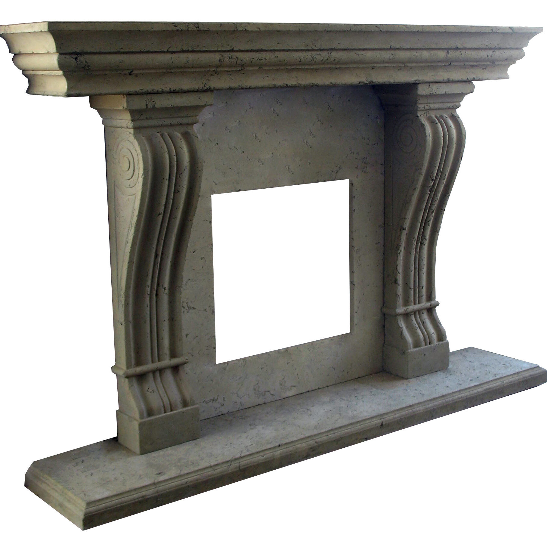 A marble fireplace mantel with an ornate frame.